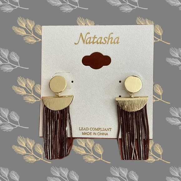 Natasha Gold-Tone Brown Metallic Textured Fringe Drop Post Earrings - Picture 1 of 3